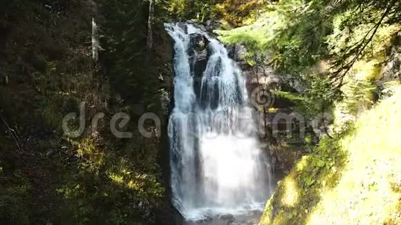 一个美丽的大瀑布流过森林中的岩石太阳在上面美丽地铺设视频的预览图