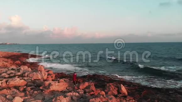 年轻迷人的女游客在她的专业相机上拍摄美丽的海洋在粉红色的夕阳下拍大浪视频的预览图