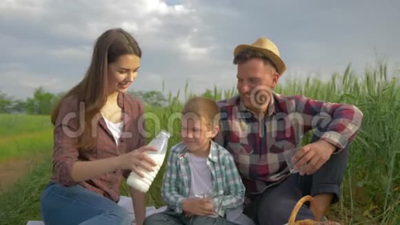 农村家庭幸福的女人在大自然的粮田野餐中给儿子和丈夫倒牛奶视频的预览图
