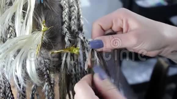 美发师特写的双手在女孩头上织着轻辫视频的预览图