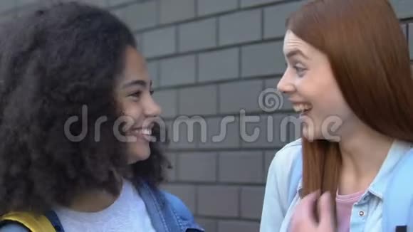 十几岁的女孩在户外闲聊嘲笑同学暗中散布谣言视频的预览图