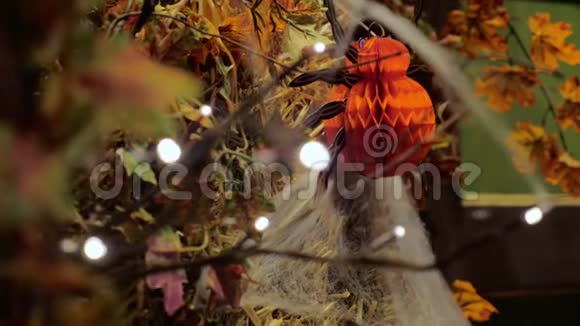 为万圣节装饰的橱窗纸蜘蛛蜘蛛网和黄秋叶美丽的节日灯光视频的预览图