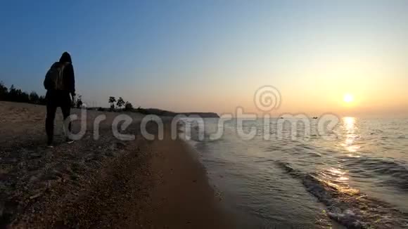 日落时分狗和主人在沙滩上散步视频的预览图