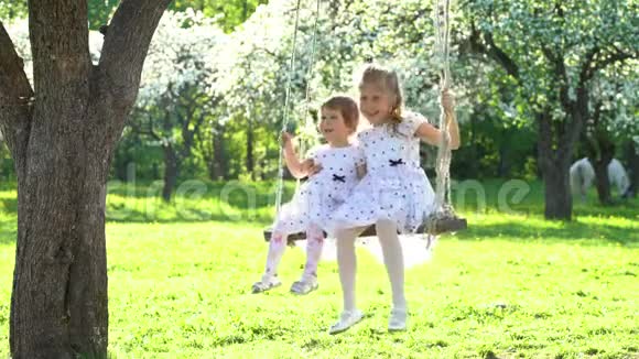美丽的春天公园里两个可爱的女孩在木秋千上荡秋千视频的预览图