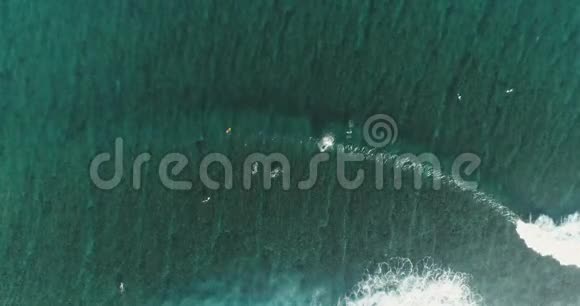 从高空拍摄到冲浪者在海洋中捕捉海浪鸟瞰海水高冲浪板在海水上视频的预览图