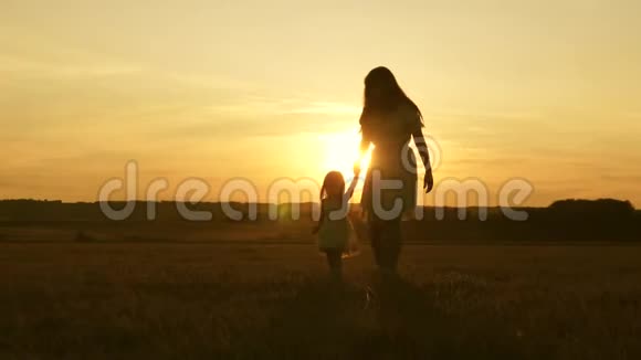 孩子在草地上和母亲玩耍小女儿和妈妈牵着手在田野里走来走去妈妈的手视频的预览图