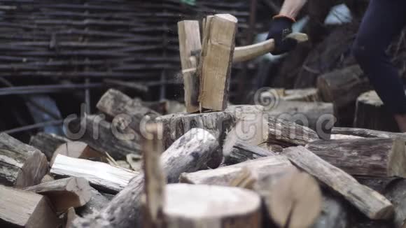 樵夫用斧子砍树干作为柴火人手拿斧子男人在户外慢慢砍柴视频的预览图
