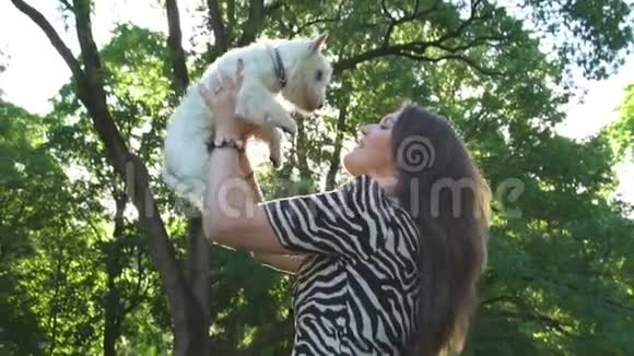 女人在美丽的阳光下高高举起可爱的宠物慢动作视频的预览图