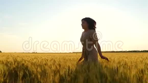 一个穿着白种人服装的女孩跑在麦田里农业农业综合企业视频的预览图