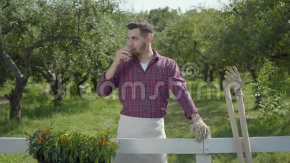 年轻自信的农民戴着花园手套喝着茶站在绿色的夏季花园靠近栅栏那个人视频的预览图