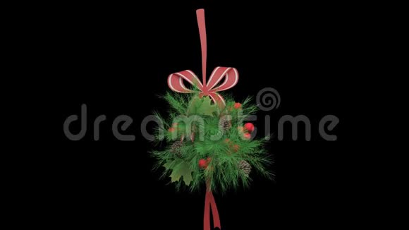 动画红丝带用于装饰黑色背景的圣诞树视频的预览图