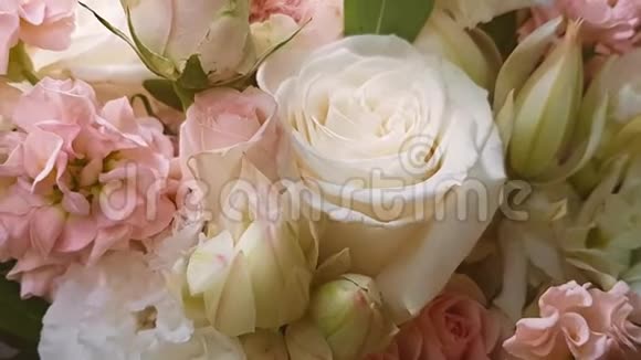 美丽精致的视频序列一个整洁的新娘她的花束在粉红色和昏暗的灯光下喜庆的气氛浪漫的屏幕保护视频的预览图