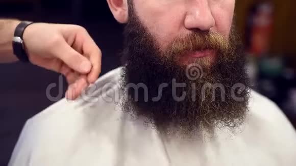 在职业胡须造型前用剪好的理发师手中的刷子把棕色卷曲的胡须剪得近一点视频的预览图