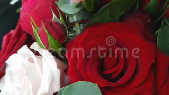 美丽明亮的花束有红色的花多汁的勃艮第玫瑰和粉红色的圣约翰的麦汁浆果在秋天的花束生日视频的预览图