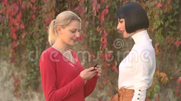 带电话的女孩两个女孩用智能手机网上聊天告诉我微信聊天交流概念视频的预览图