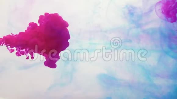 墨水倒在水中洋红色粉红色蒸汽流白色视频的预览图