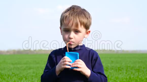 可爱的男孩站在一片绿色的草地上从一个纸盒里喝着TetraPak健康环保食品视频的预览图