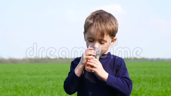 快乐的孩子从大自然的杯子里喝果汁儿童健康适当的营养无害环境视频的预览图