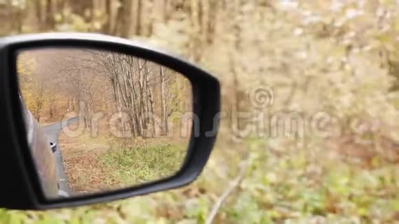 秋天的森林倒映在汽车的镜子里视频的预览图