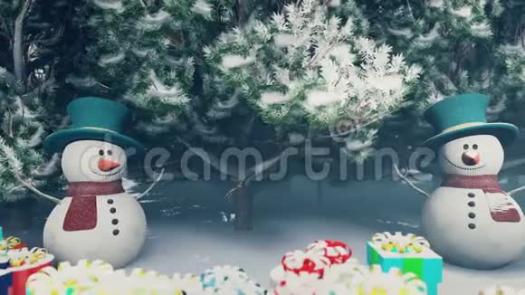 在白雪皑皑的魔法森林里的圣诞雪人圣诞节和新年3D渲染视频的预览图