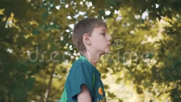 男孩站在公园里沉思地看着树叶令人厌恶的心情拍得不错视频的预览图