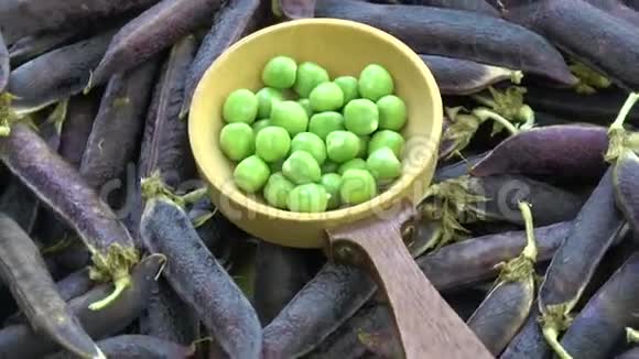 旋转新鲜紫罗兰豌豆荚和勺子视频的预览图