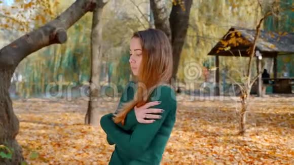 秋天在一片黄树的背景下一个冻僵的年轻漂亮的黑发女人正在公园里散步视频的预览图