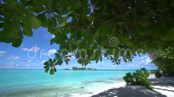 天堂之地相机从海滩移动到蓝色泻湖在马尔代夫奇妙的景色4K视频的预览图