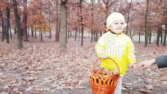 小女孩拿着一个有黄色叶子的篮子在秋天的公园里快乐着视频的预览图