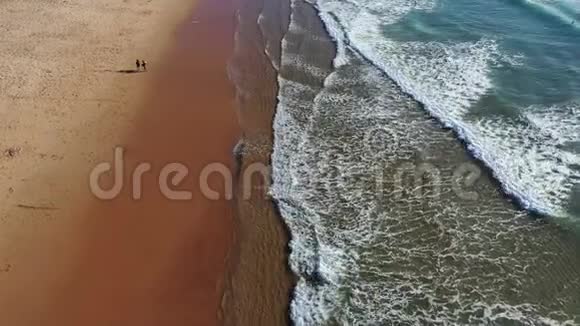 热带海滩鸟瞰图热带黄沙海滩上海浪的俯视图海浪在美丽的沙滩上无缝的环抱视频的预览图