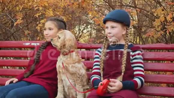 带着狗坐在长椅上微笑的女孩视频的预览图