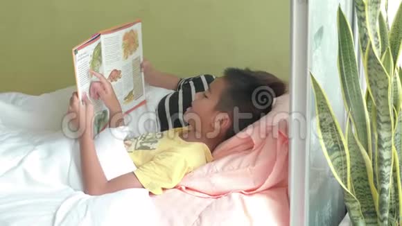 年轻的母亲和儿子在家里的卧室里读一个故事视频的预览图