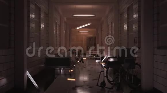 在温暖的光线下精神病诊所里可怕的神秘走廊摄像机穿过走廊医疗视频的预览图