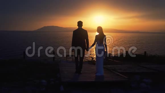 背面景色新婚夫妇携手看美丽的日落慢动作视频的预览图