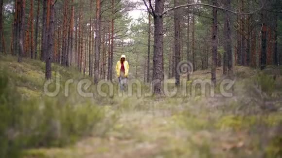 一个穿着亮黄色夹克的年轻女子在雨林中散步视频的预览图