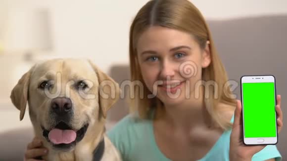 微笑女性手持绿色屏幕智能手机拥抱狗在线申请视频的预览图
