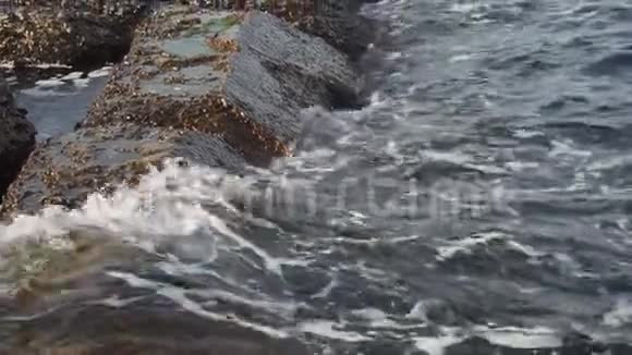 在一个夏天阳光明媚的夜晚黑海海浪在石岸上撞击视频的预览图