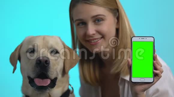 快乐狗主人展示智能手机绿色屏幕可爱的宠物看相机应用程序视频的预览图