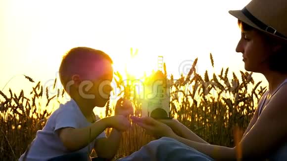 在一片麦田里妈妈和孩子在日落的背景下抱着玩具磨坊旋转视频的预览图