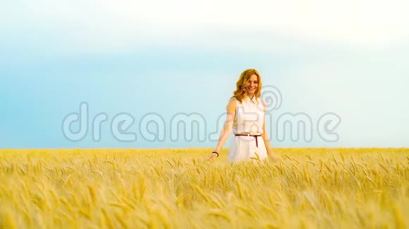金色麦田里的快乐女人蓝蓝的天空复制的空间视频的预览图