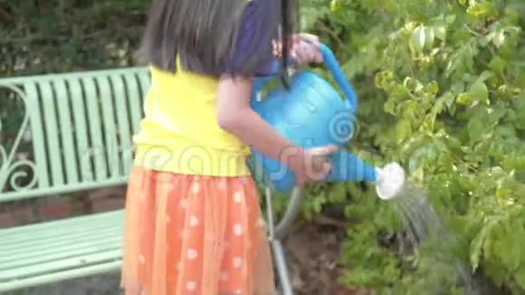 女孩的手在花园的家里用树浇水视频的预览图
