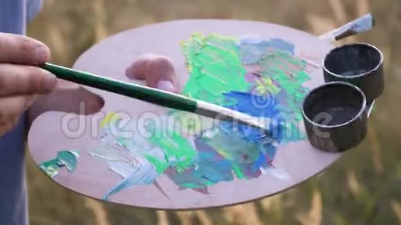男性艺术家在自然景观中的空地上将调色板上的颜色混合在一起调色板和画笔的特写视图视频的预览图