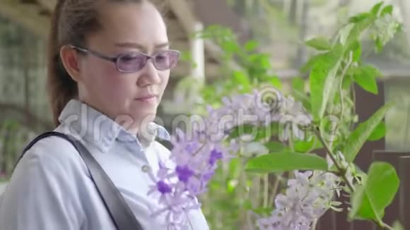 女人在一个盆栽户外看花视频的预览图