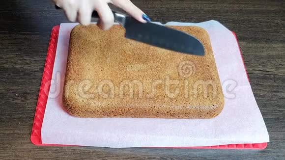 那女孩用刀把新鲜的海绵蛋糕切成块视频的预览图
