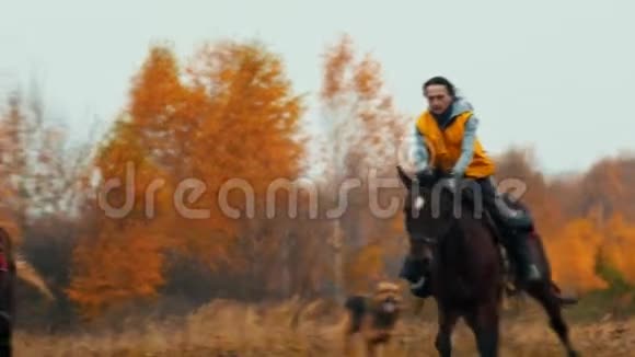 两个女人骑在马背上在田野上跑得很开心一只狗跟着他们秋天视频的预览图