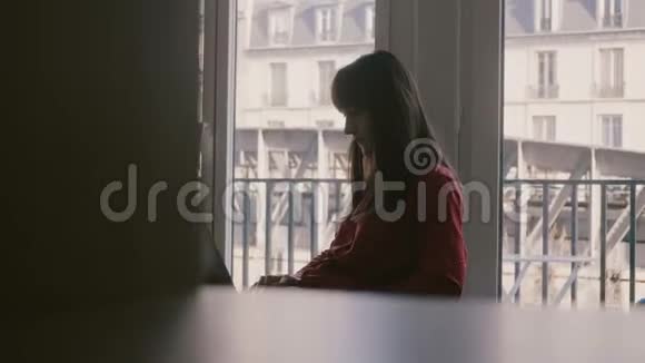 有魅力的成功自由职业女性在美丽的巴黎公寓窗口度假时使用笔记本电脑视频的预览图