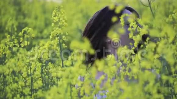 一位美丽的棕色头发的女人留着一头又短又黑的头发站在一片黄色的田野里夏天青春自由的概念视频的预览图