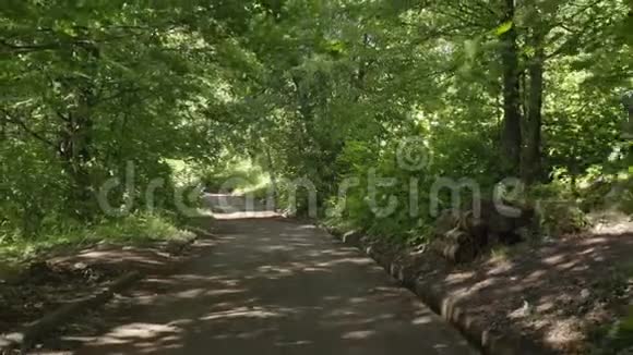 骑自行车的人从森林里的木头上跳到路缝上视频的预览图