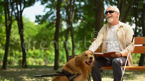 性格开朗的盲人看书抚摸辅助犬能享受生活视频的预览图