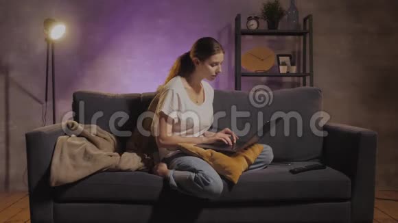 年轻漂亮的女孩坐在沙发上用笔记本电脑工作女孩在打电话视频的预览图